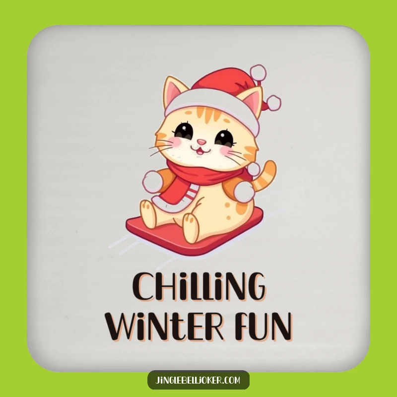 Funny Kawaii Santa Cat Drink Coaster: Cute Feline Sliding Down Snowy Hill, Protect Furniture Funny Gift