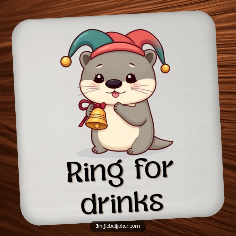 Funny Otter Jester Coaster, a cute otter in a jester hat ringing a miniature sleigh bell, protecting surfaces with festive humor.