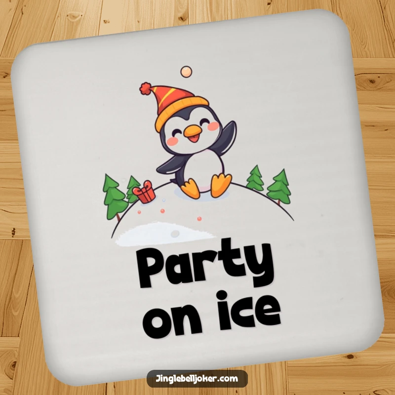 Funny drink coaster featuring a cheerful penguin jester sliding down a slope, adding a humorous touch to drink services.