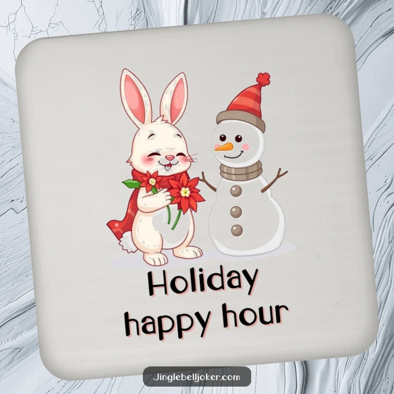 Funny Rabbit and Snowman Coaster Set with a cheerful rabbit serenading a snowman, adding festive fun to tabletops.