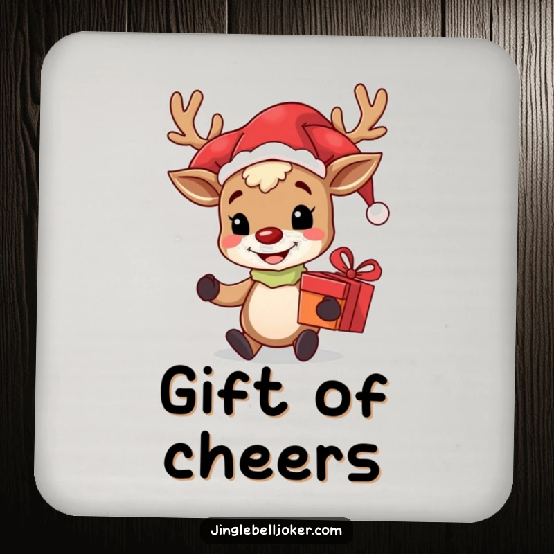 Funny drink coasters with a grinning reindeer jester holding a gift, protecting tables with festive humor and holiday flair.