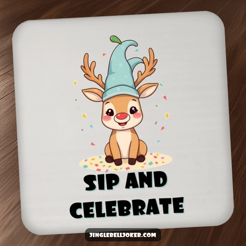 Funny reindeer drink coaster with a happy reindeer wearing a jester hat, spilling colorful confetti.