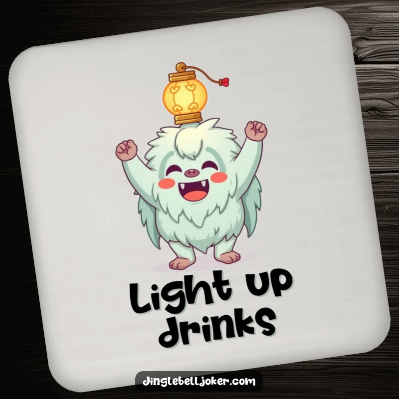 Funny Yeti Coaster Set with a silly yeti joker attempting to balance a glowing lantern on its head, adding quirky charm.