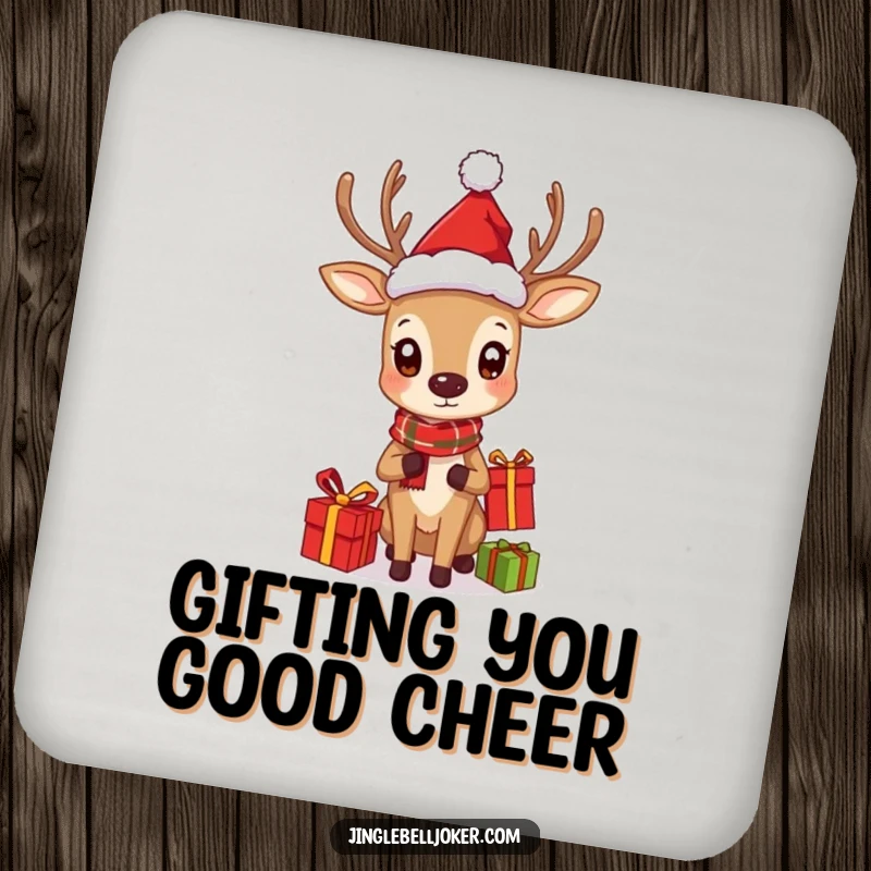 Funny drink coaster featuring a deer wearing a Santa hat curiously juggling gifts, adding holiday flair.
