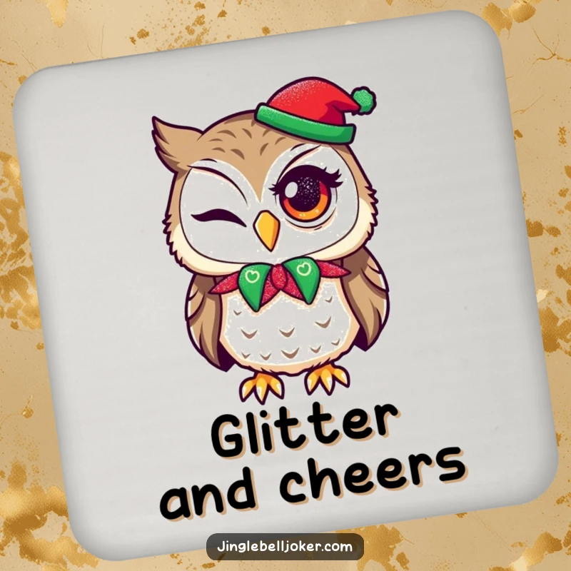 Funny drink coaster showing an owl in a jester collar attempting a wink with holiday glitter, a humorous accessory.