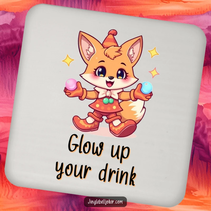 Funny Fox Jester Drink Coaster: Cheerful fox character with exaggerated jester shoes, juggling glowing orbs, magical table decor.