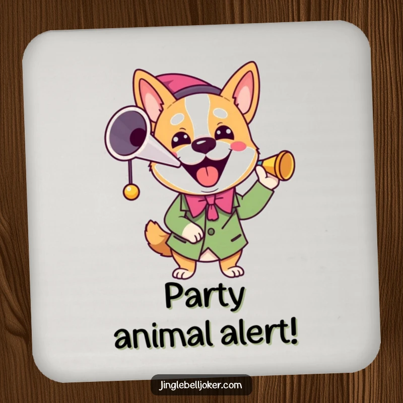 Funny Joker Dog Coasters: A dog dressed as a joker blows a horn, protecting surfaces with humor.