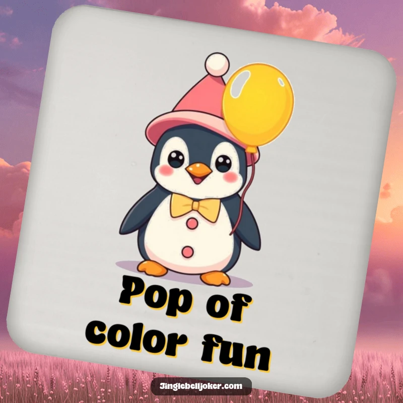 Funny kawaii penguin clown holding a balloon, a protective coaster that adds whimsical humor and cheerful charm to any setting.