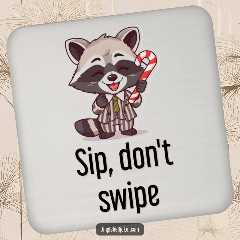 Funny Coaster: A gleeful raccoon in a striped suit balances a candy cane, a festive and humorous addition.