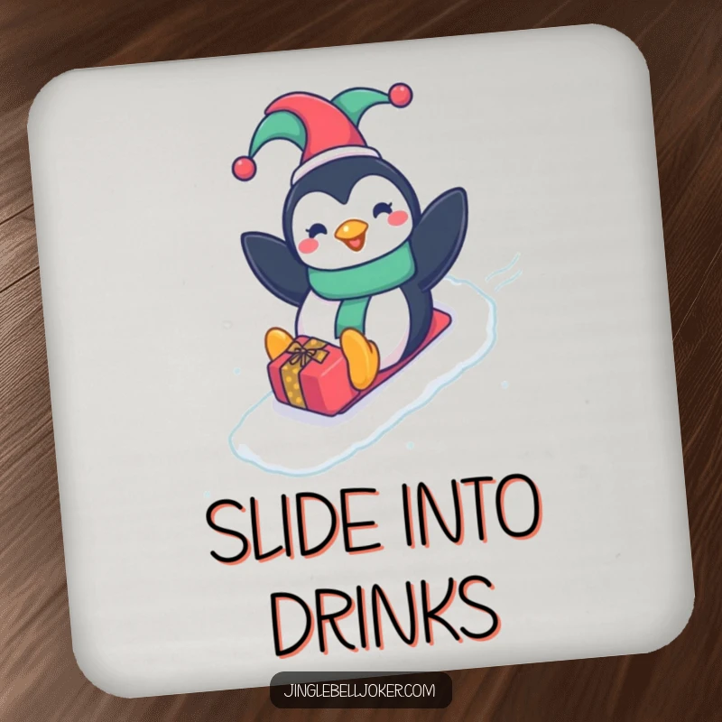 Funny Penguin Jester Coaster, a happy penguin in a jester hat joyfully sliding down a gift-wrapped slope, for humorous protection.