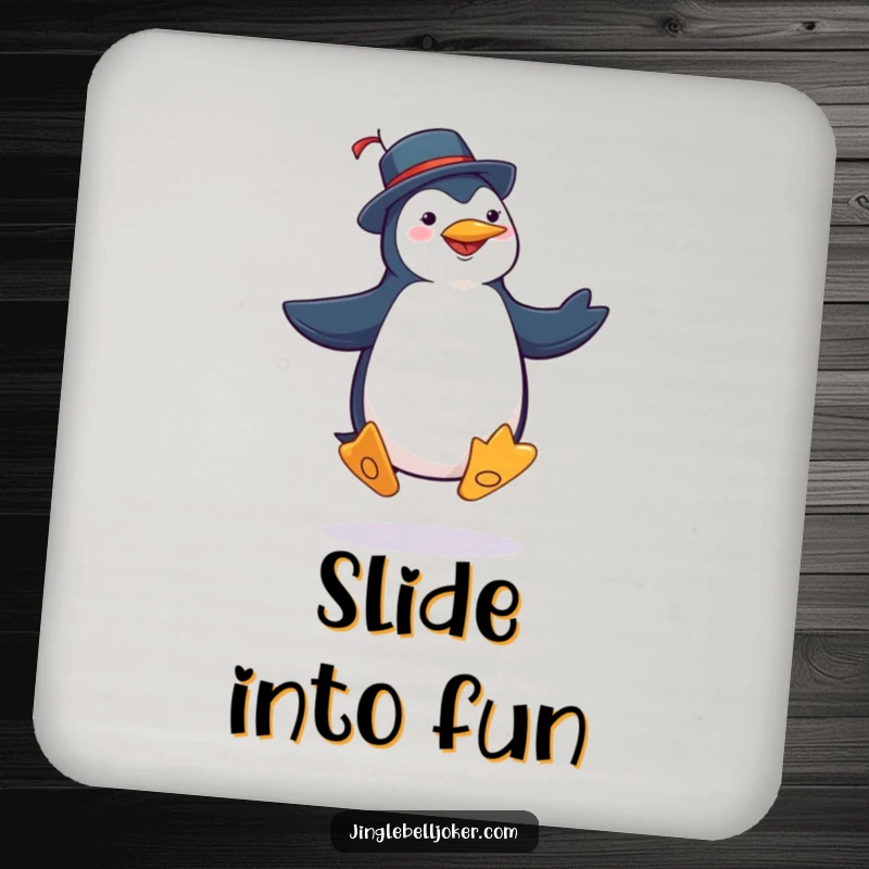 Funny penguin joker coaster depicting a character in jester attire performing a silly jig with exaggerated steps, offering protection and humor.