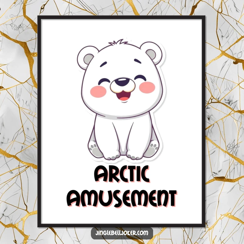Funny poster print of a cheerful polar bear with rosy cheeks making a funny face, embodying pure joy and lighthearted silliness.