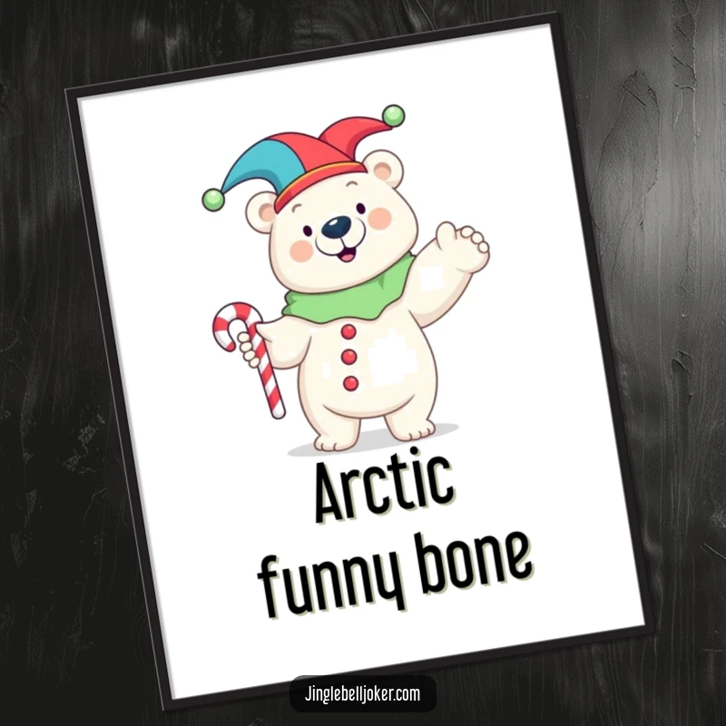 Funny poster featuring a happy polar bear in a jester costume striking a comical pose with a candy cane, celebrating playful spirit.
