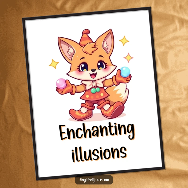 Funny Fox Jester Poster: Cheerful fox character with exaggerated jester shoes, juggling glowing orbs, magical wall decor.