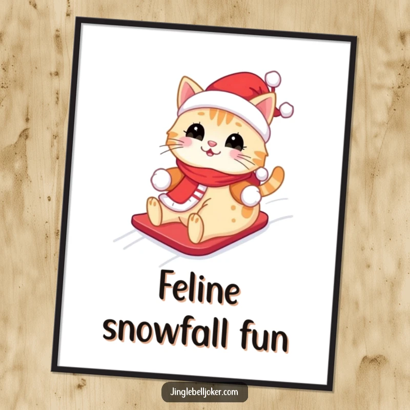 Funny Kawaii Santa Cat Poster: A cute cat wearing a Santa outfit, happily sliding down a snowy hill, perfect wall art.
