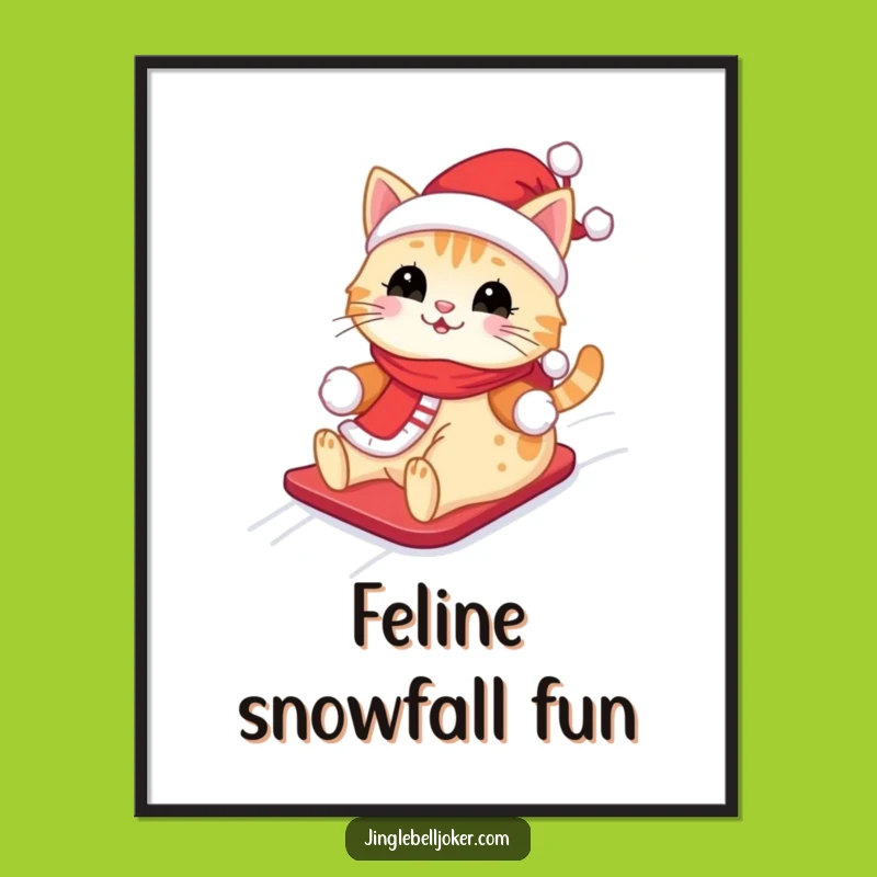 Funny Kawaii Santa Cat Poster: Cute Feline Sliding Down Snowy Hill, Festive Funny Gift
