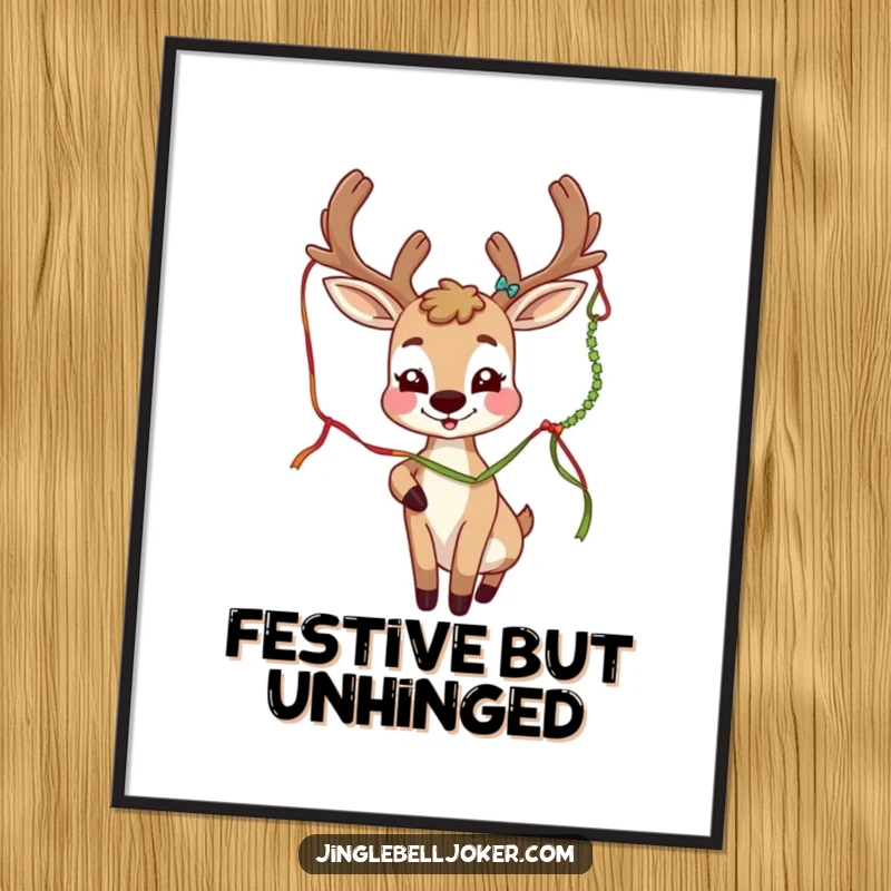 Funny deer joker character with festive antlers playfully batting a tinsel strand, illustrated poster for wall decor.