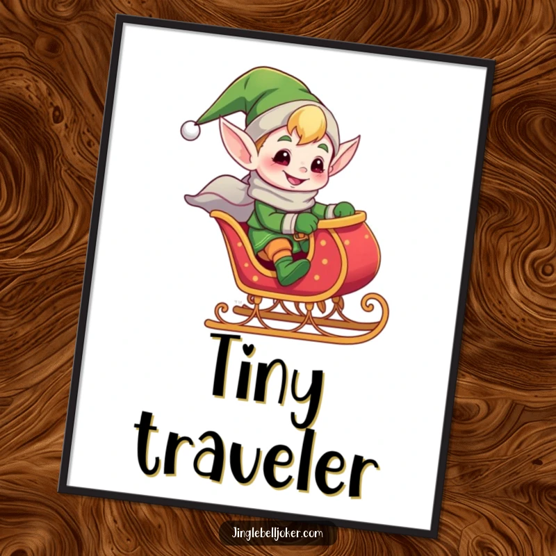 Funny poster print of a giddy elf joker joyfully riding a tiny, jingling sleigh, embodying holiday excitement and playful adventure.