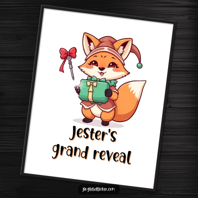 Funny fox jester poster featuring a festive character in jester attire triumphantly holding a sparkling gift, perfect for holiday decoration.