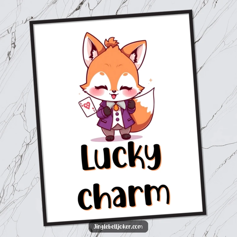 Funny poster featuring a blushing fox dressed as a joker, holding a sparkly playing card, ideal for game room decor.