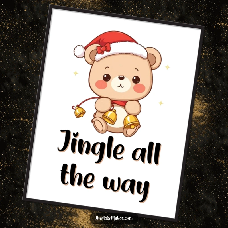 Funny poster featuring a kawaii bear in a Santa hat, gleefully juggling jingle bells, adding festive charm.