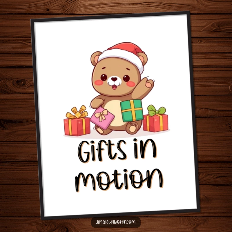 Funny kawaii bear Santa juggling gifts with glee, a festive poster adding humorous holiday charm to any wall space.