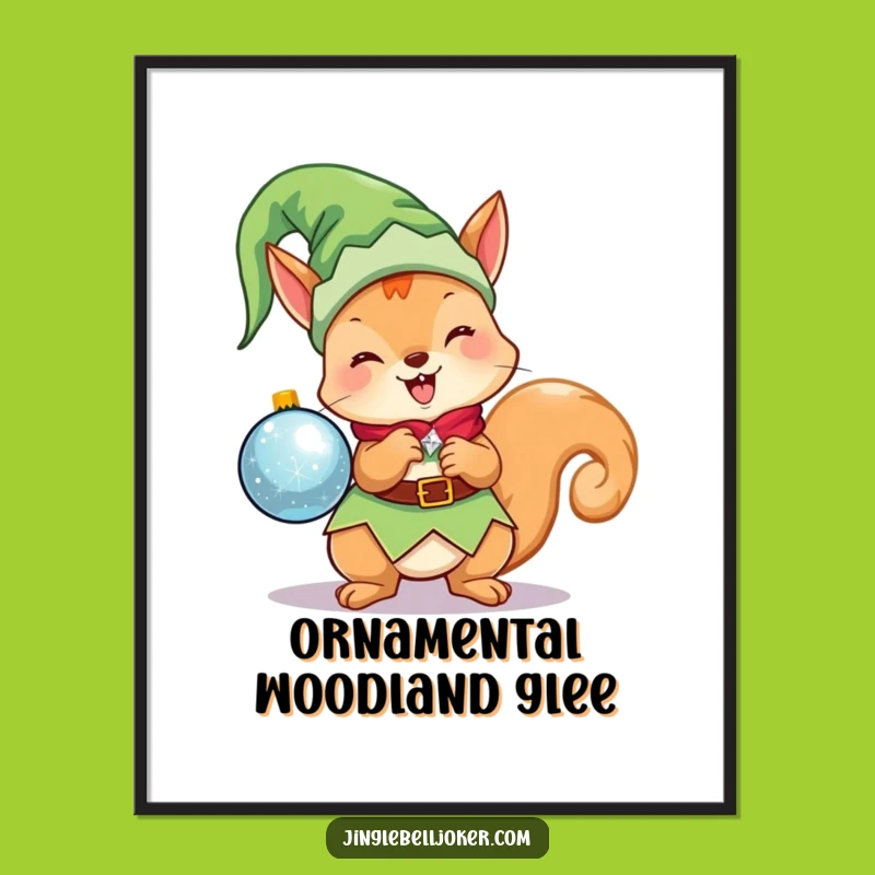 Funny Kawaii Elf Squirrel Poster: Cute Christmas Character Holding Ornament, Festive Funny Gift