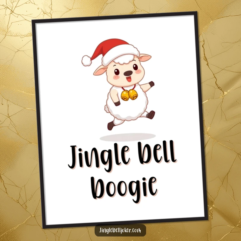 Funny Kawaii Santa Sheep Poster: A cute sheep wearing a Santa hat, happily skipping with jingle bells, perfect wall art.
