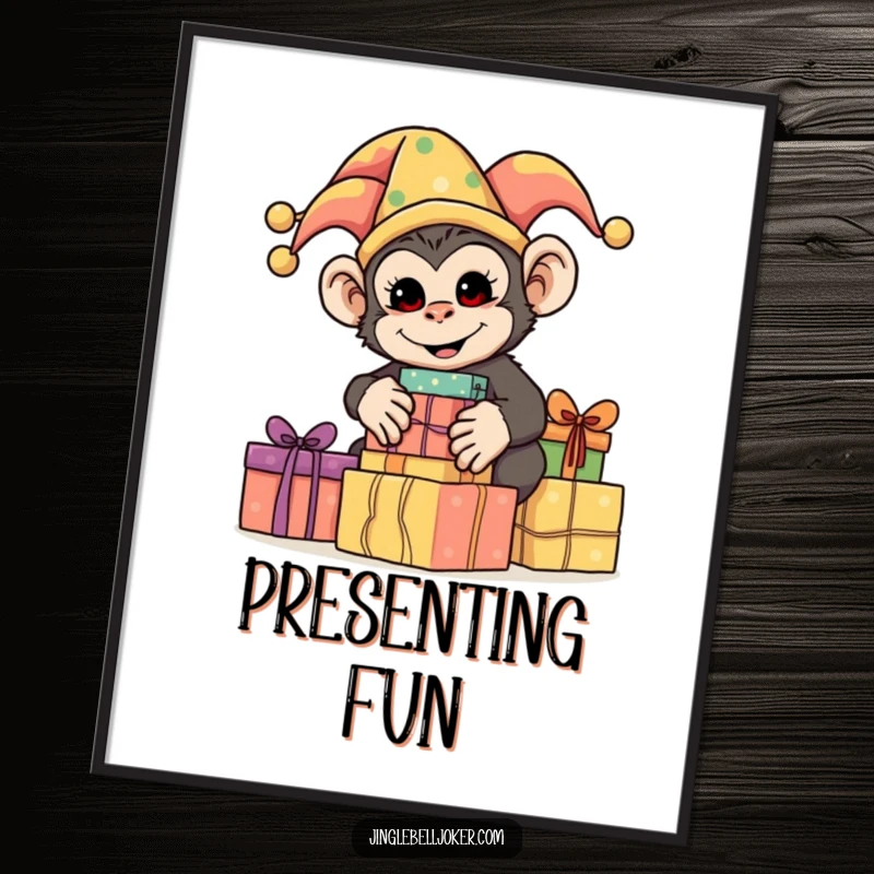 Funny Monkey Jester Poster, a silly monkey dressed as a jester, stacking brightly wrapped presents, perfect for humorous decor.