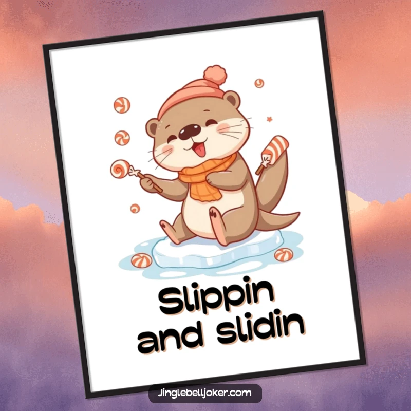 Funny poster art of a cute otter character slipping on ice while attempting to juggle festive candies, capturing a humorous moment.