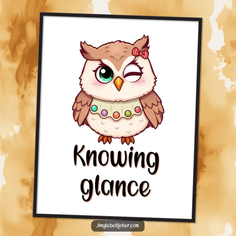 Funny poster art of an owl in a jester collar, humorously attempting a wink with holiday glitter, creating a festive and amusing wall decoration.