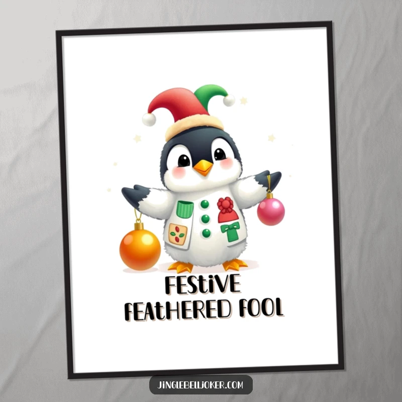 Funny poster featuring a fluffy penguin in a jester hat juggling bright Christmas baubles, capturing the magic and humor of the holidays.