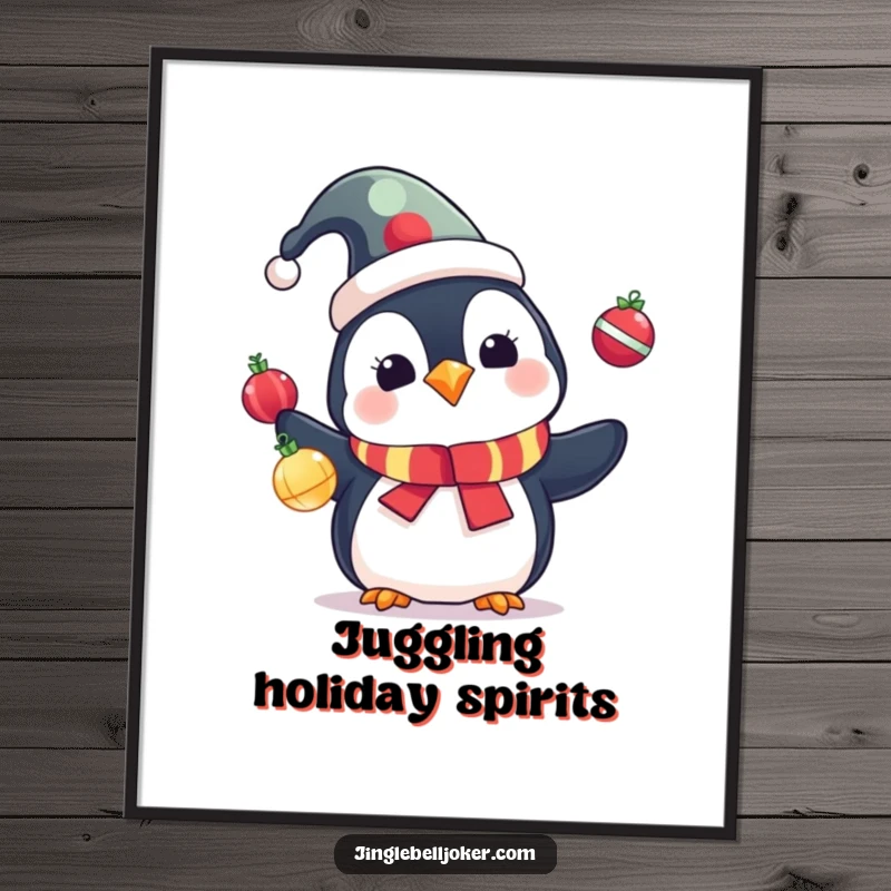 Funny Penguin Poster: Cute penguin in a jester hat juggling colorful Christmas ornaments, festive wall decor.