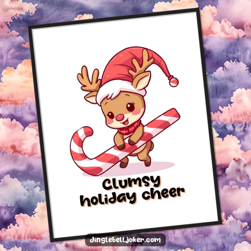 Funny Reindeer Jester Poster: A reindeer in jester costume trips over a massive candy cane, ideal for funny wall decor.