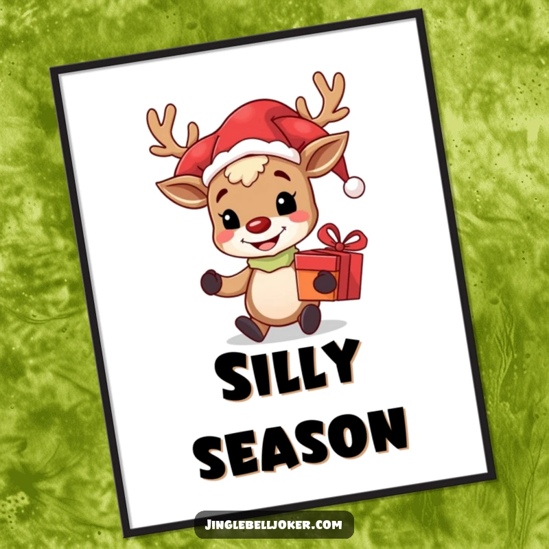 Funny poster print of a grinning reindeer character in a jester outfit, holding a gift, embodying holiday cheer and playful mischief.