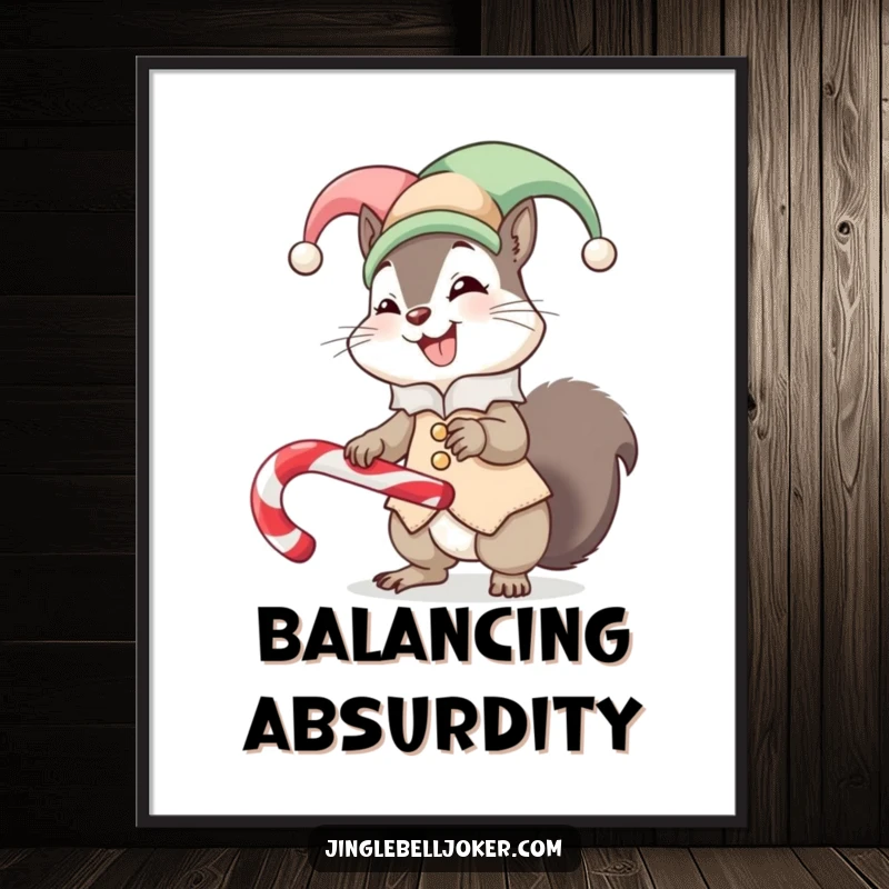 Funny poster artwork of a giggling squirrel in a jester costume, precariously balancing a candy cane, showcasing a humorous moment.