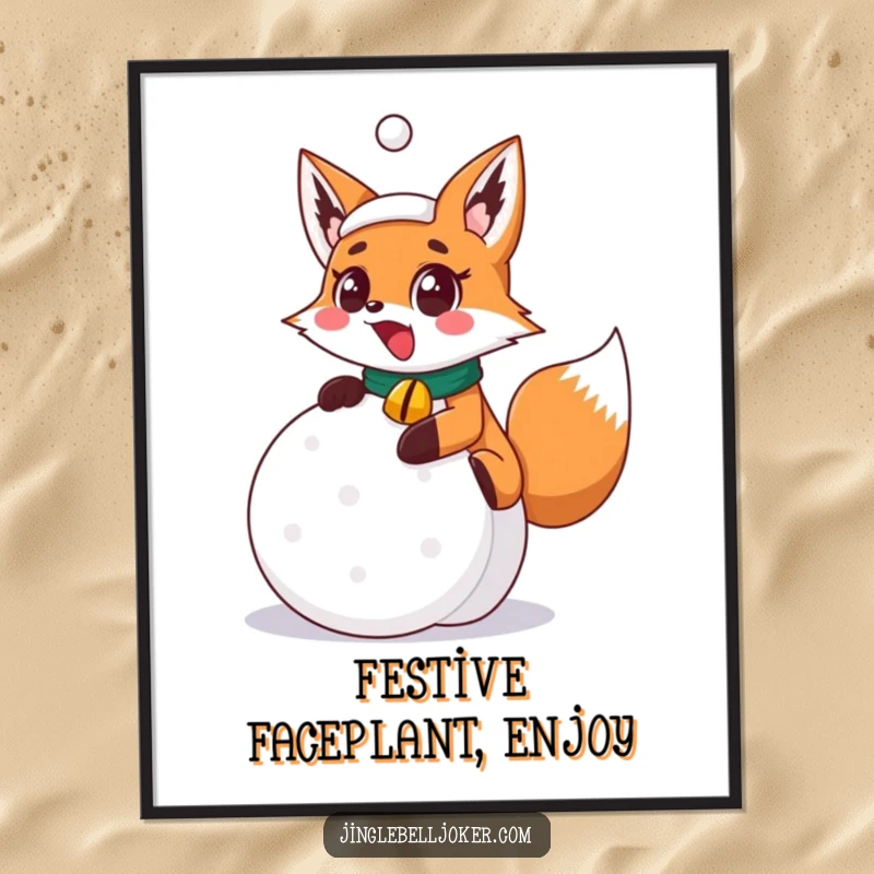 Funny surprised fox joker with jingle bell collar slipping on a festive snowball, a humorous piece of holiday art for this poster.