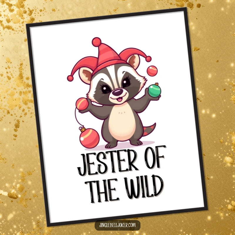 Funny Poster: A badger in a jester hat comically juggles shiny festive baubles, a whimsical holiday scene.