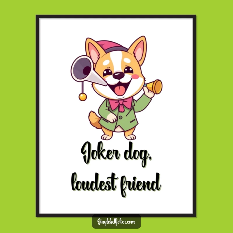 Funny Joker Dog Poster: Vibrant Wall Art of a Joyful, Horn-Blowing Pup!