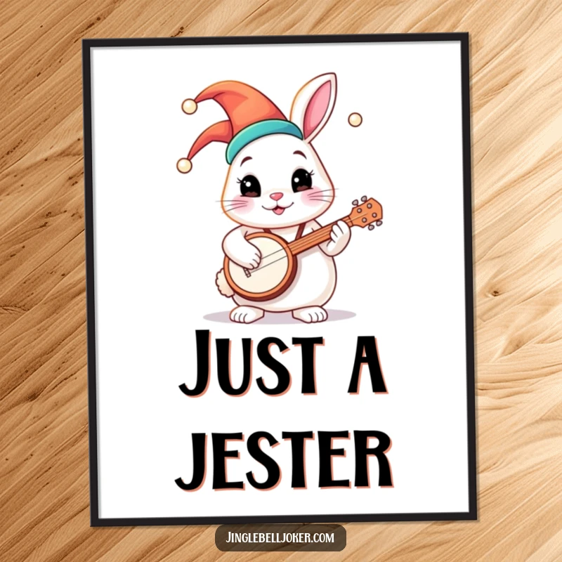 Funny poster of a round bunny character in a jester hat, energetically playing a tiny banjo, radiating pure musical happiness.
