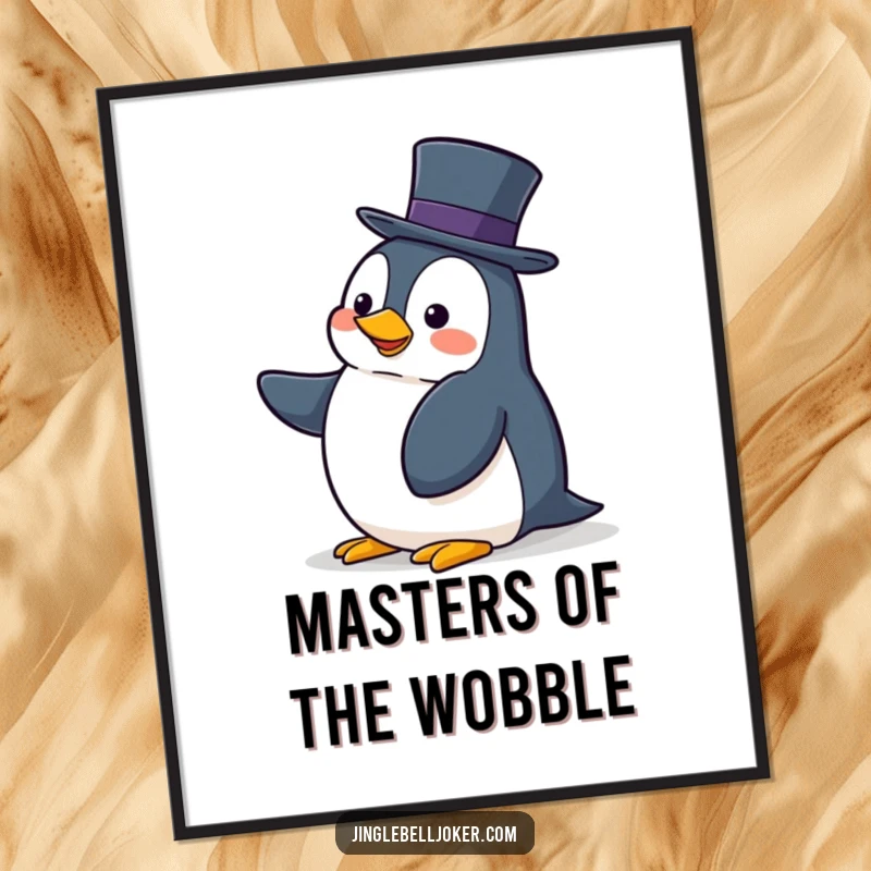 Funny poster art of a clumsy penguin enthusiastically trying to balance a tall hat, adding whimsical charm.