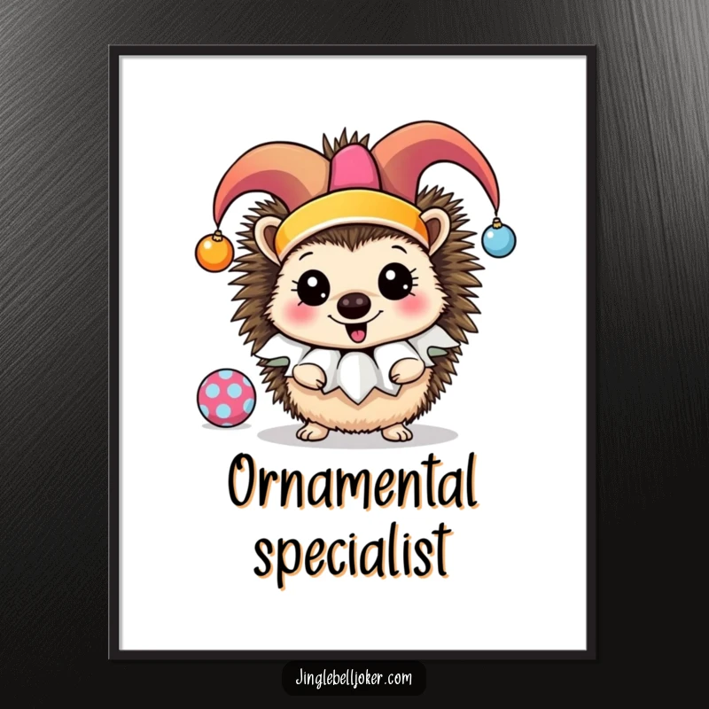 Funny Jester Hedgehog Poster: A close-up of a cheerful hedgehog in a jester ruff, actively juggling colorful ornaments.