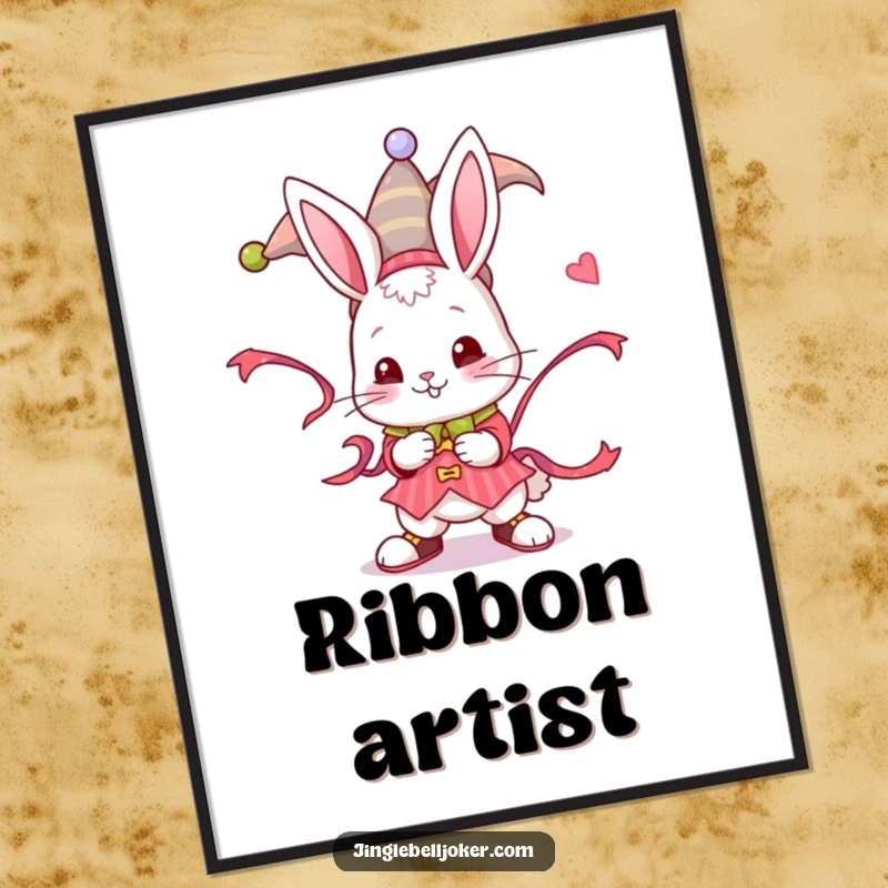 Funny Jester Bunny Poster: A whimsical bunny dressed as a jester twists a festive ribbon, great for playful wall art.