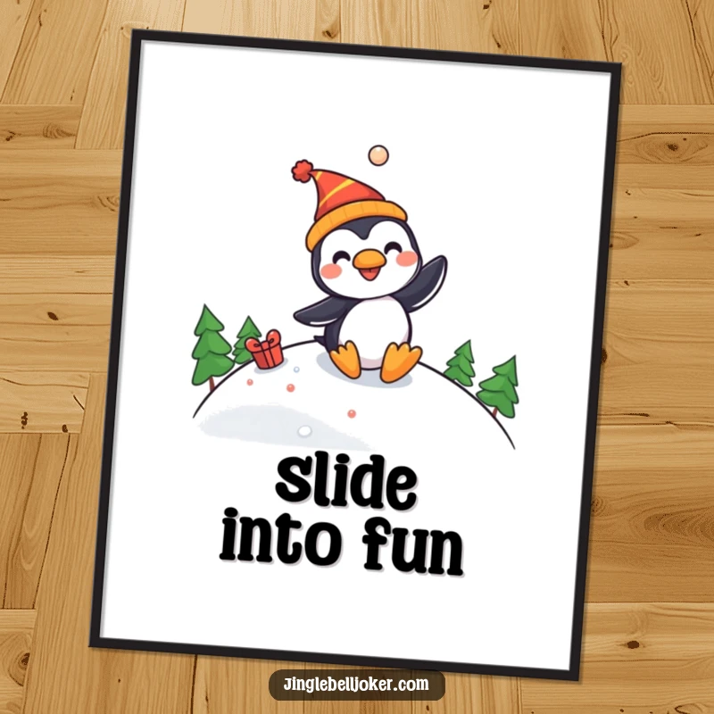 Funny poster showcasing a delightful penguin jester character sliding downhill with great enthusiasm and a festive, jocular spirit.