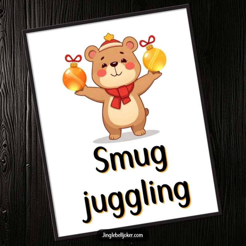 Funny poster art of a smug, happy bear character juggling glowing Christmas baubles, bringing festive humor and a confident holiday vibe to any room.