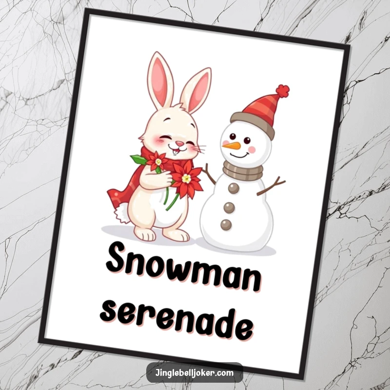 Funny Rabbit and Snowman Poster capturing a cheerful rabbit in a poinsettia serenading a snowman with a comical musical effort.