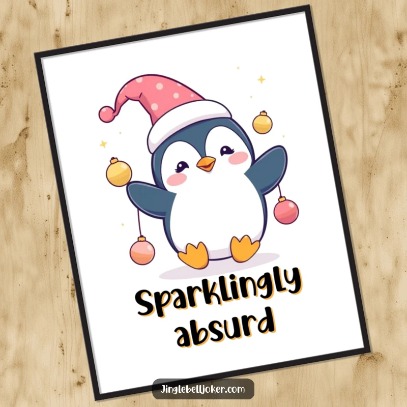 Funny Penguin Jester Poster: Cute penguin in a jester hat, juggling sparkling ornaments, whimsical holiday decor.