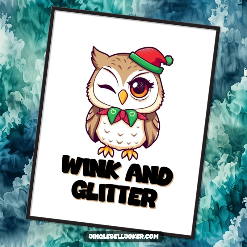 Funny poster art of an owl in a jester collar, attempting a wink with holiday glitter, perfect for festive decor.