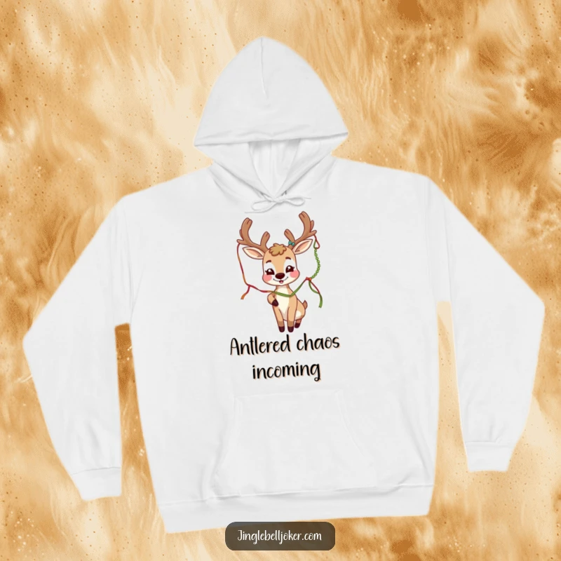Funny deer joker character with festive antlers playfully batting a tinsel strand, graphic on a cozy hoodie.