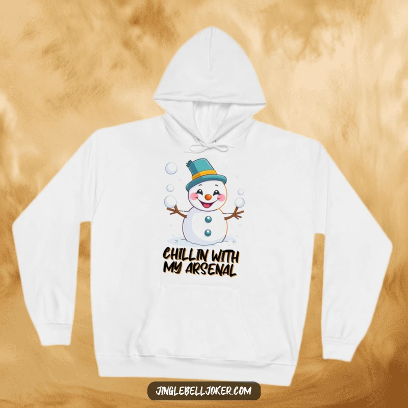 Funny snowman hoodie showing a joker-like character gleefully tossing snowballs, radiating a spirit of mischievous winter fun.